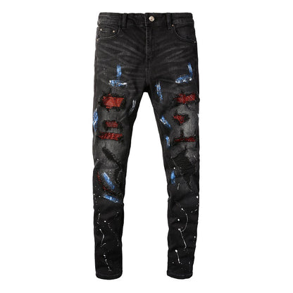 8616 Jeans transfrontaliers Jeans pour hommes avec patch déchiré et peinture de marque tendance Slim High Street 