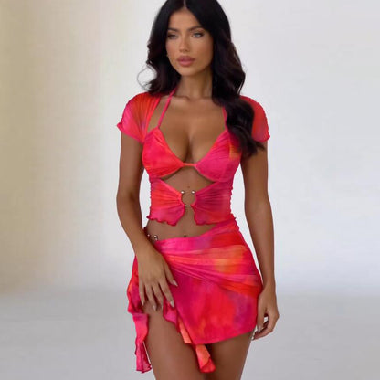 New Fashionable Strapless Short Sleeve Tie-Front Asymmetrical Mini Skirt Set S1992351