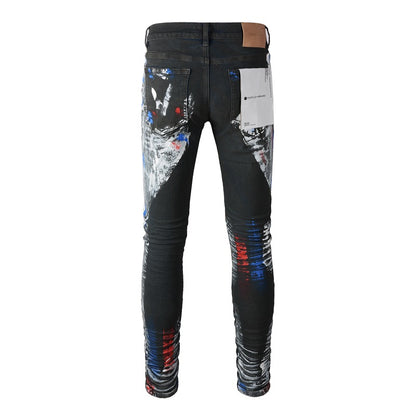 Nuevos jeans de moda con personalidad vintage y grafiti negro 