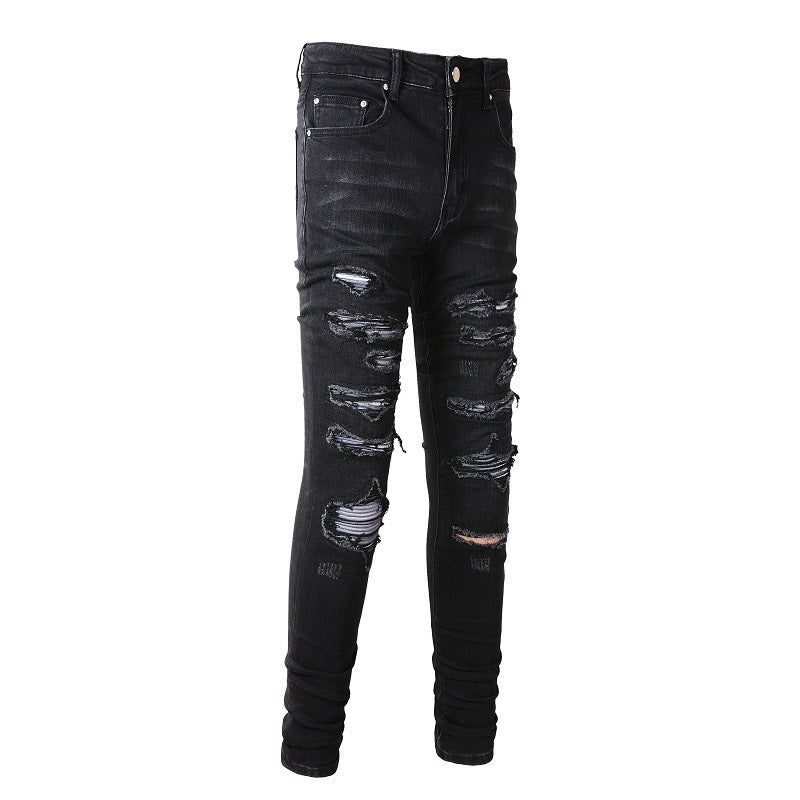 European and American Street Tide Ripped Patch Jeans High Street Tide Men's Elastic Slim Pants #(891-8833)