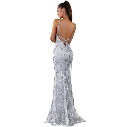 New Spaghetti Strap V-Neck Backless Sequin Tie-Back Gown yq799