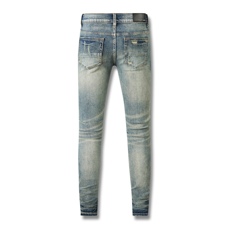 Jean slim skinny droit tendance pour homme - Denim déchiré non élastique avec déchirures au genou, été 2023 