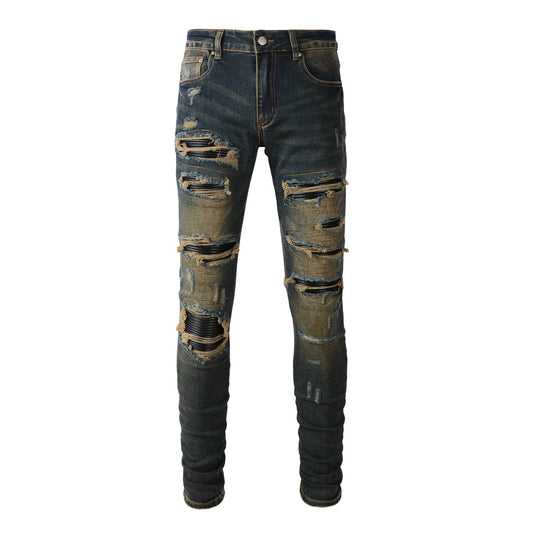 Slim Fit Black Stretch Jeans with Vintage Wash and Faux Leather Accents