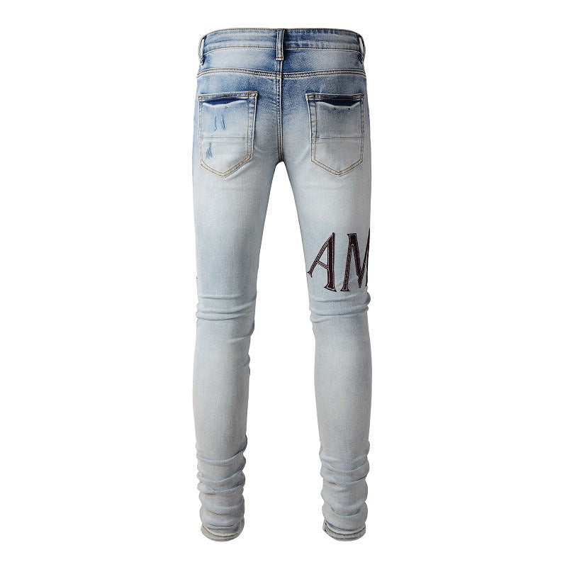 European and American Street Tide Letter Embroidered Jeans High Street Tide Men Slim-fitting Small Feet Jeans #1301