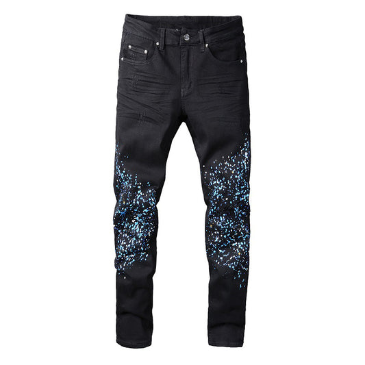 Pantalon décontracté en denim 818 Street en coton micro-élastique pour jeunes, jean skinny noir avec peinture éclaboussée 