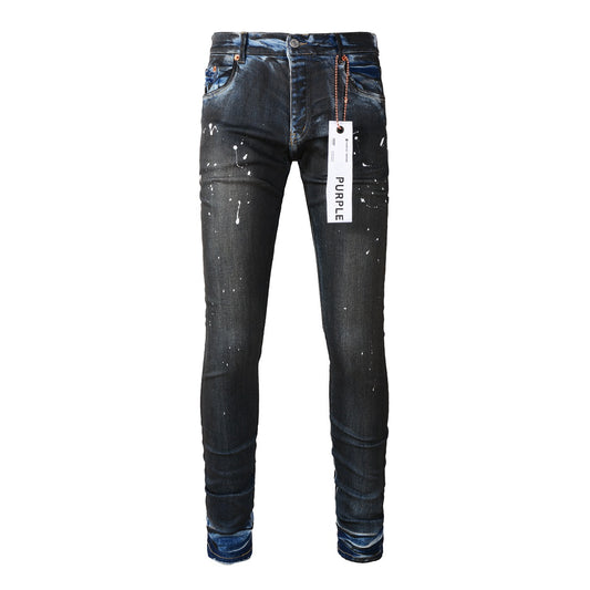 Jean skinny violet pour homme avec détails déchirés - Pantalon biker en denim tendance avec patchs et motif imprimé 