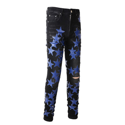 Vaqueros High Street Slim Stretch de High Craft con diseño de estrellas en azul oscuro y cuero de High Street n.° 890 