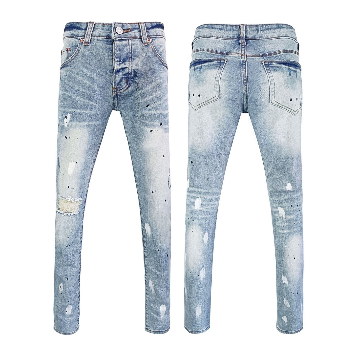 Men's Light Blue Skinny Jeans with Paint Splatter Details - Streetwear Denim