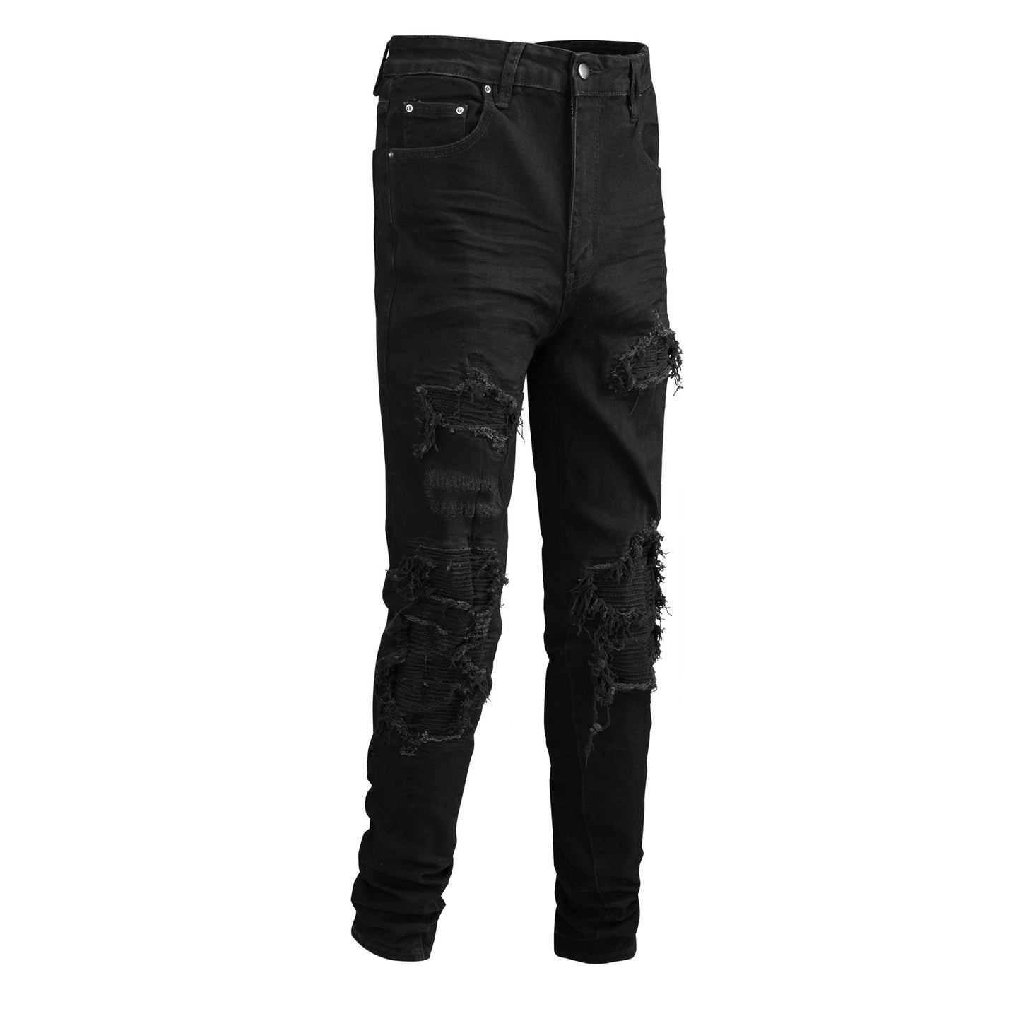 Jean slim noir pour homme avec patchwork, détails froissés et design déchiré 