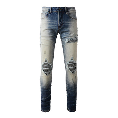 High Street Jeans Trendy Men's Ripped Patch Diamond Beggar Jeans #1331