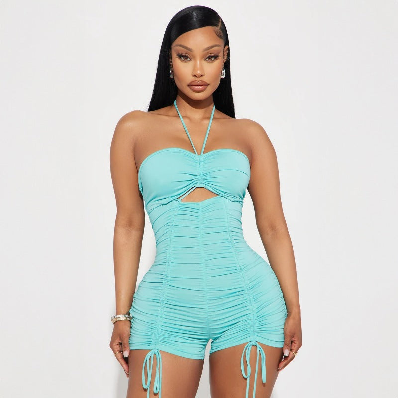 New Hollow-Out Tie-Back Halter Drawstring Romper with Shorts P1993478