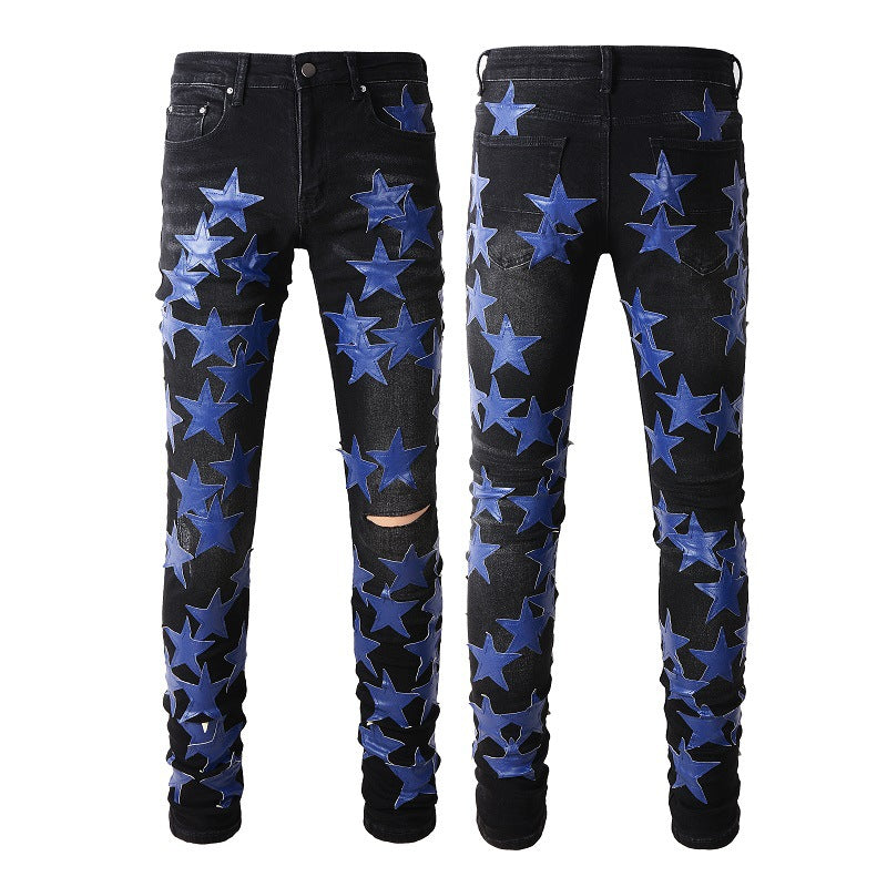 Jeans Pentagram Splicing Trend Jeans High Craft Elastic Slim High Street Jeans