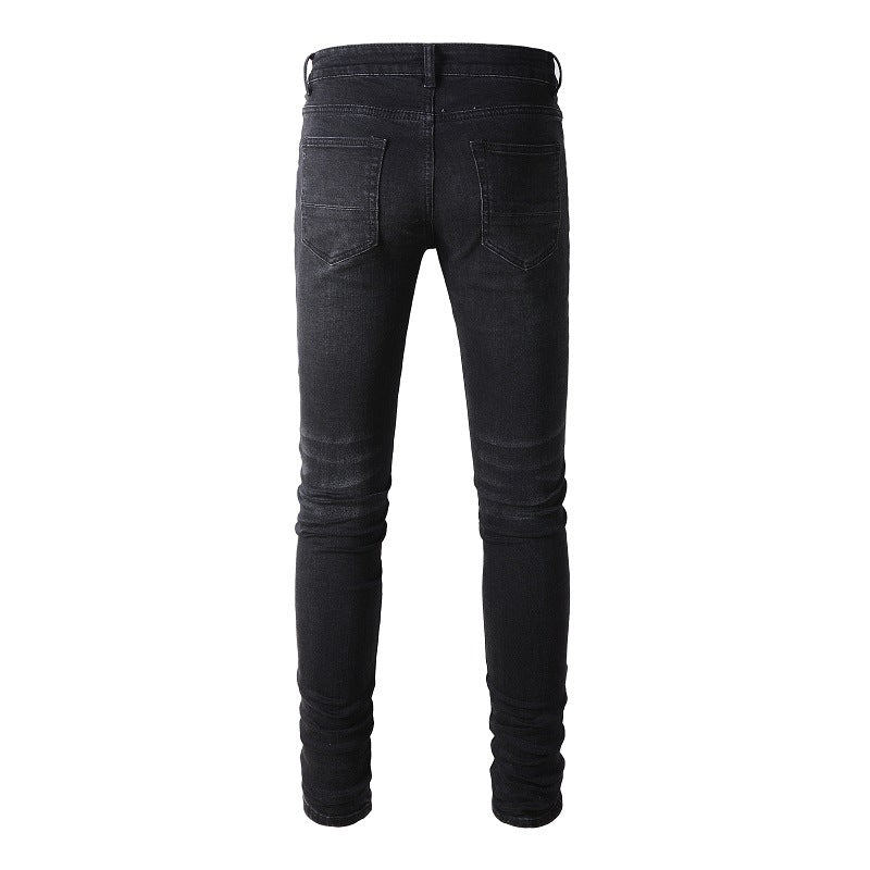 European and American Street Tide Ripped Patch Jeans High Street Tide Men's Elastic Slim Pants #(891-8833)