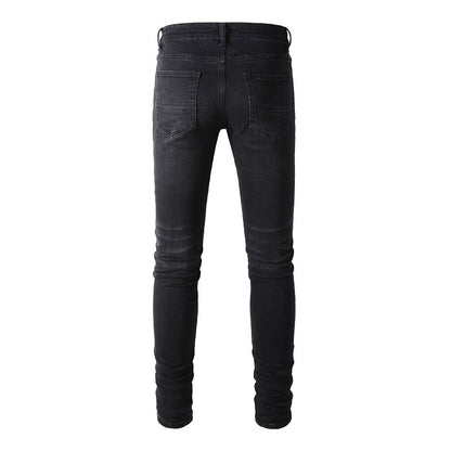 European and American Street Tide Ripped Patch Jeans High Street Tide Men's Elastic Slim Pants #(891-8833)