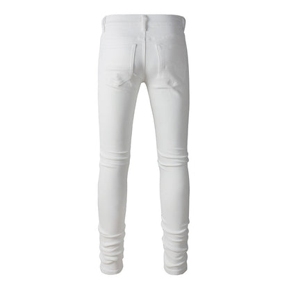 Pantalon décontracté en denim blanc coupe slim élastique déchiré High Street #843 