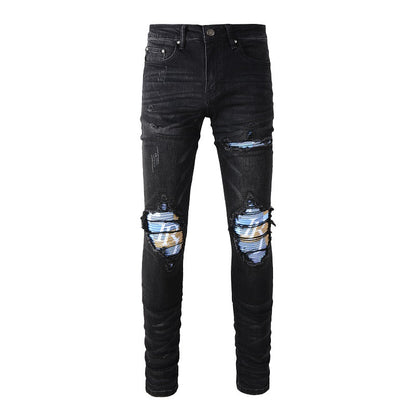 Jeans slim extensible rétro pour homme avec patch de lettres artisanales American Street Washing 