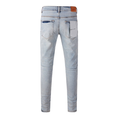 Pantalones vaqueros pitillo morados para hombre con detalle roto - Pantalones vaqueros de motociclista de moda con parches y diseño estampado - Pantalones vaqueros morados 