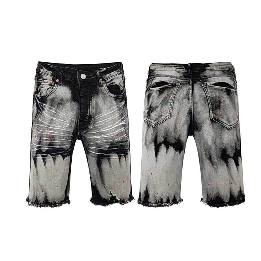 Men's Marble Black Denim Shorts - Artistic Acid Wash Pattern with Vibrant Paint Splatters