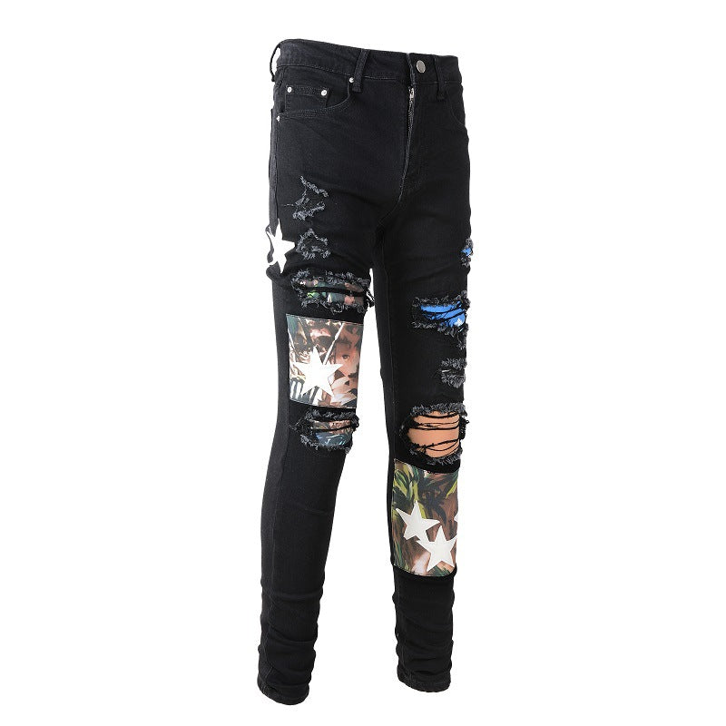 899 High Street Ripped Jeans Jean Slim pour homme avec patch et épissure en étoile 