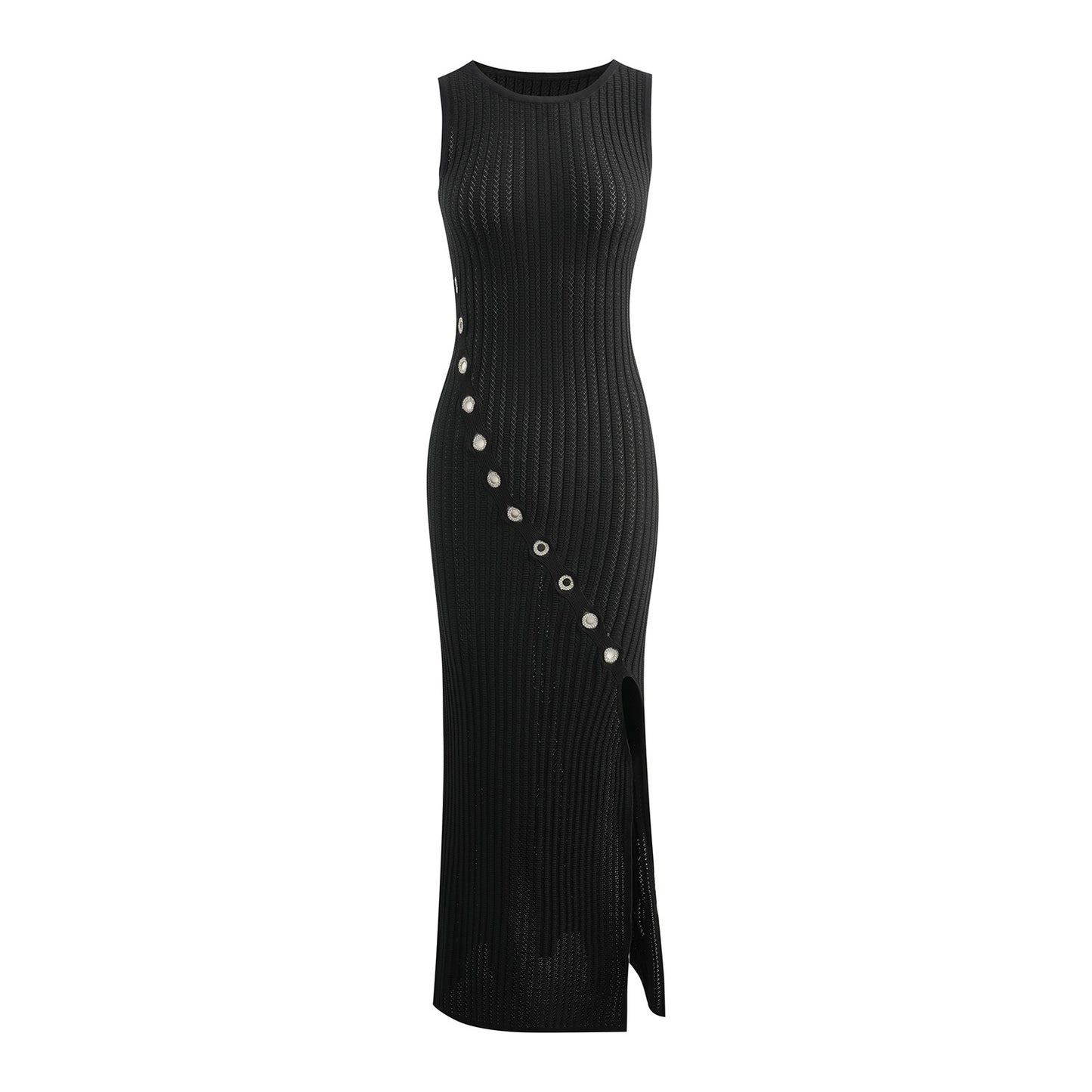 Robe en tricot taille haute noire de luxe avec anneau en strass et fente haute