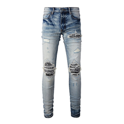 6666 High Street Trendy Brand Ripped Patch Jeans Rétro Hommes Élastique Slim High Street Denim 