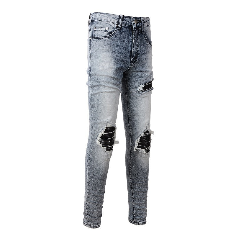 Jeans rétro américains tendance pour hommes en cuir PU déchiré, coupe slim #1338 