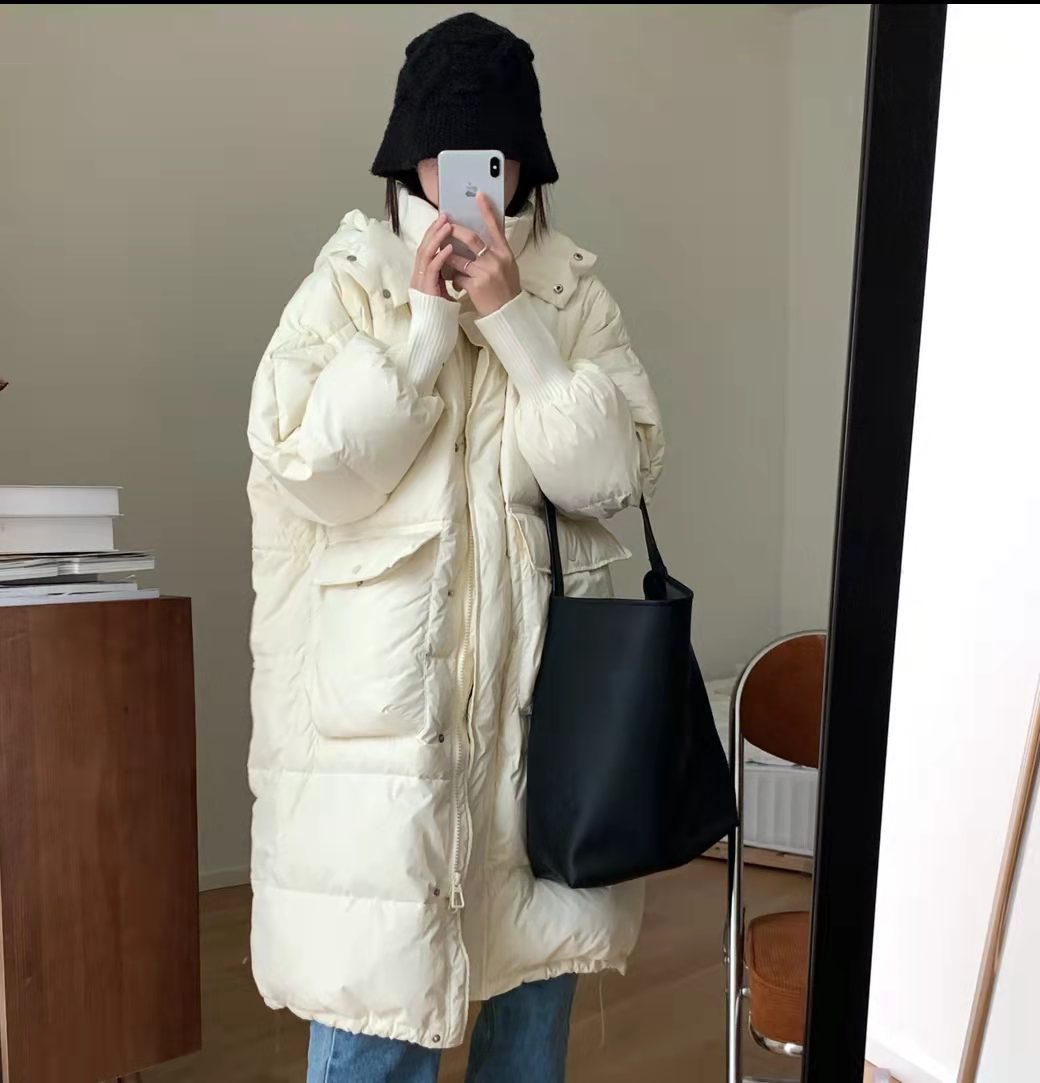 Veste à capuche en duvet de canard blanc pour vêtements d'extérieur pour femmes, longueur genou, vêtements d'extérieur amples et épais