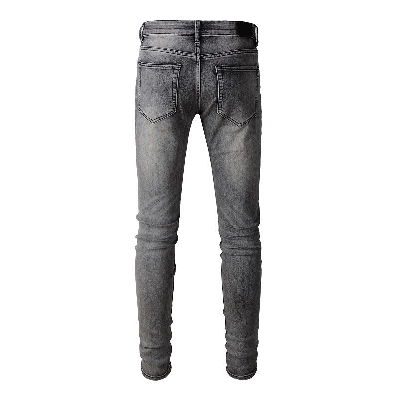 1319 Jeans de calle de moda europea y americana, de color gris oscuro, ajustados y de corte pequeño para hombre 