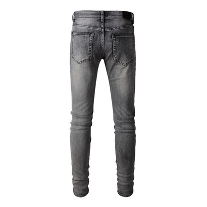 1319 Jeans tendance européens et américains High Street Jeans gris foncé pour hommes, coupe slim, petits pieds 