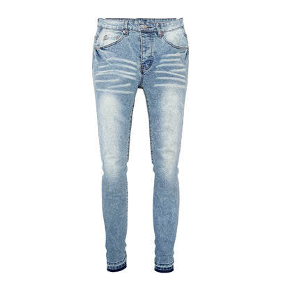 Men's Light Blue Slim Jeans - Unique Sunburst Stripe Wash & Vintage Snow Wash Denim