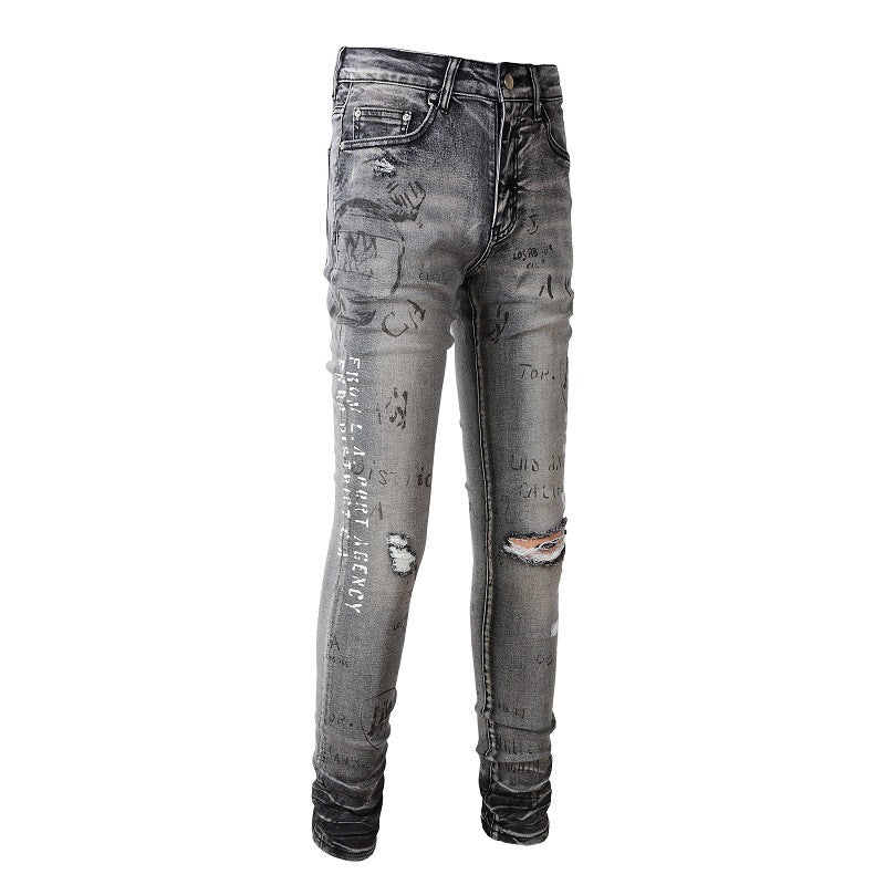 Street Denim Ripped Micro-elastic Cotton Youth Gray Paint-splashed Slim Jeans #879