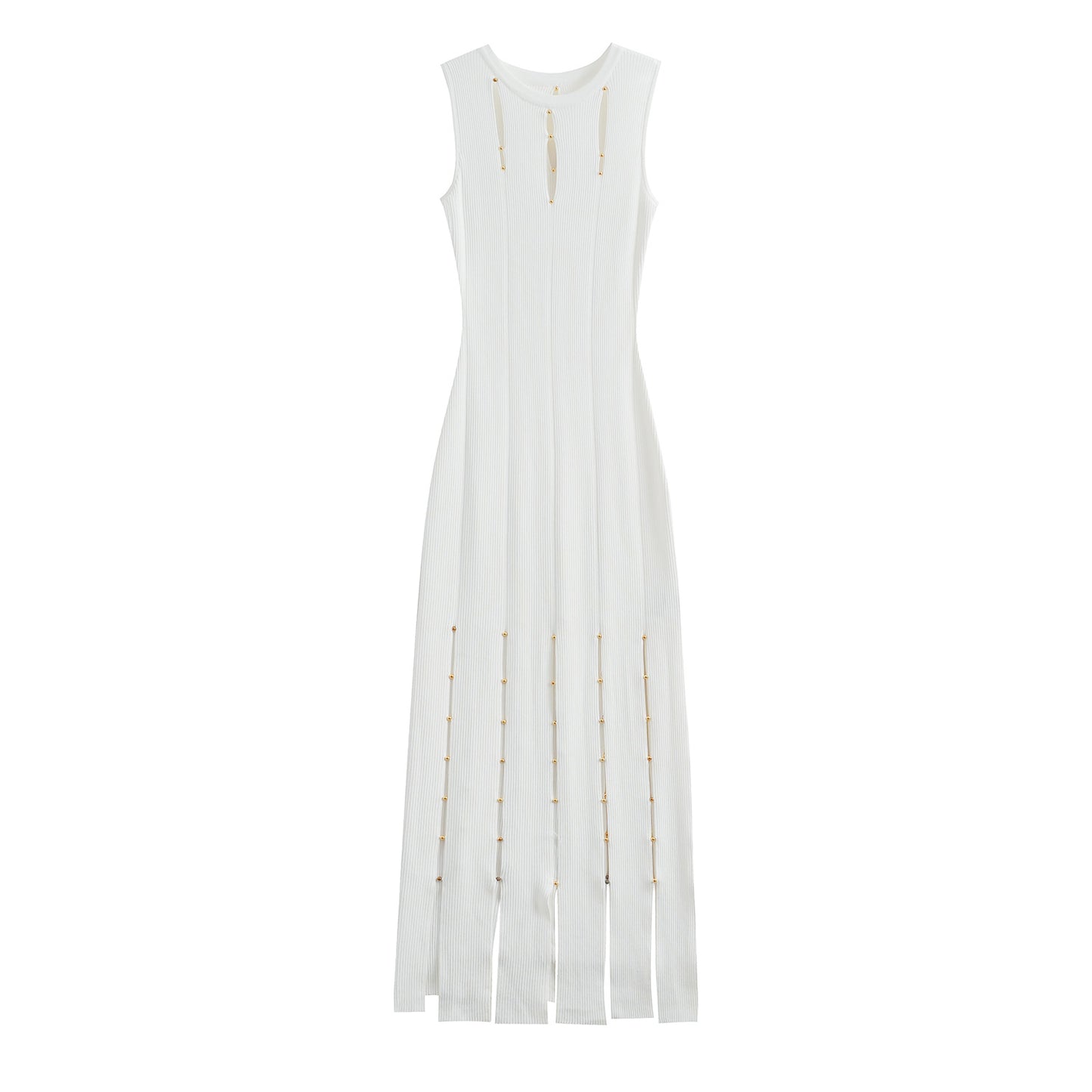 French Style Cut-Out Striped Dress with Fringe and Gold Bead Details