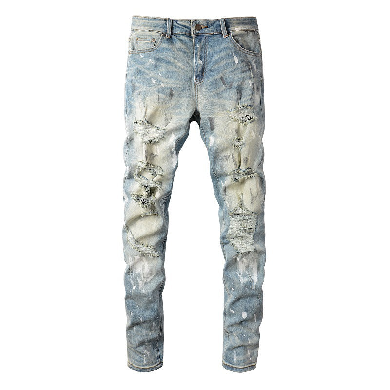 6530 Cross-border Jeans Trendy Brand Retro Paint Ripped Patch Men's Jeans Slim Fit