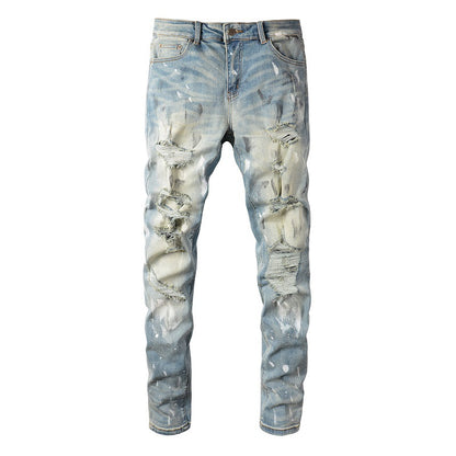 6530 Cross-border Jeans Trendy Brand Retro Paint Ripped Patch Men's Jeans Slim Fit