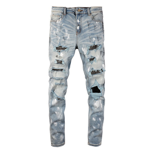 Jeans Slim Fit Cross-border High Street Jeans pour hommes à patch déchiré incrusté de diamants de peinture de marque tendance 6626 