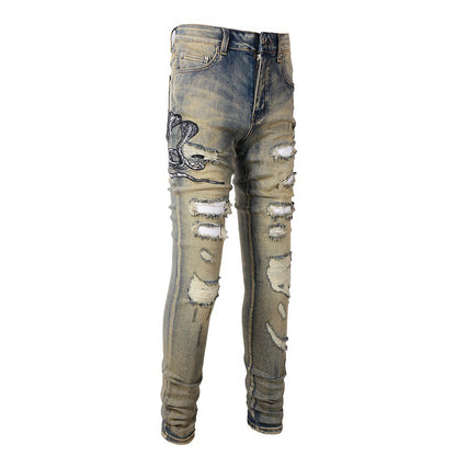 611 Retro Trendy Brand Embroidered Cobra Ripped Patch Jeans Elastic Slim Denim