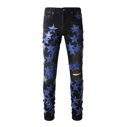 Vaqueros High Street Slim Stretch de High Craft con diseño de estrellas en azul oscuro y cuero de High Street n.° 890 