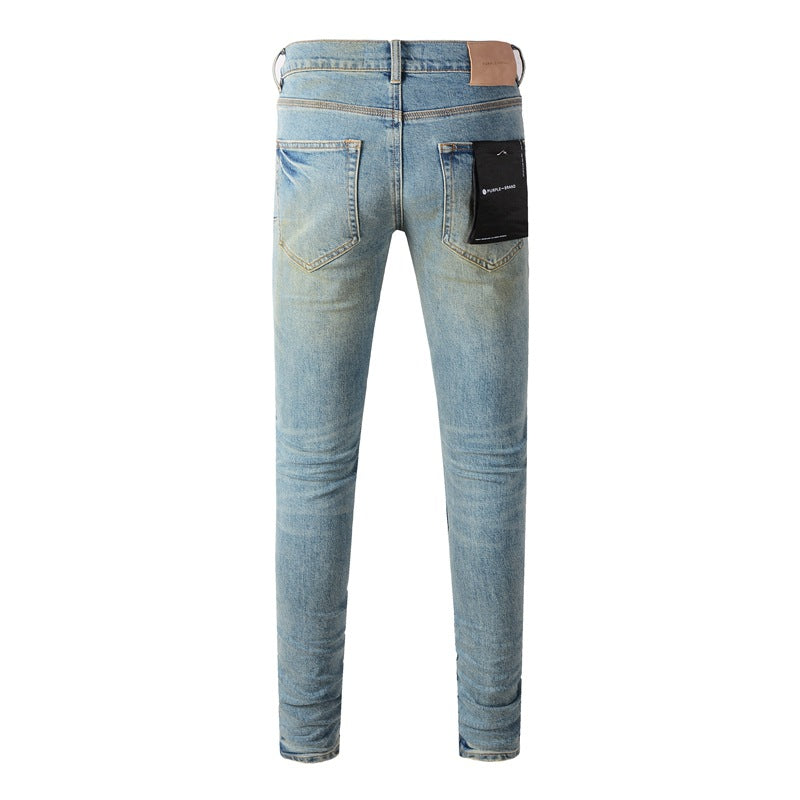 Pantalon en denim bleu clair chic 9076 avec des accents vieillis à la mode 