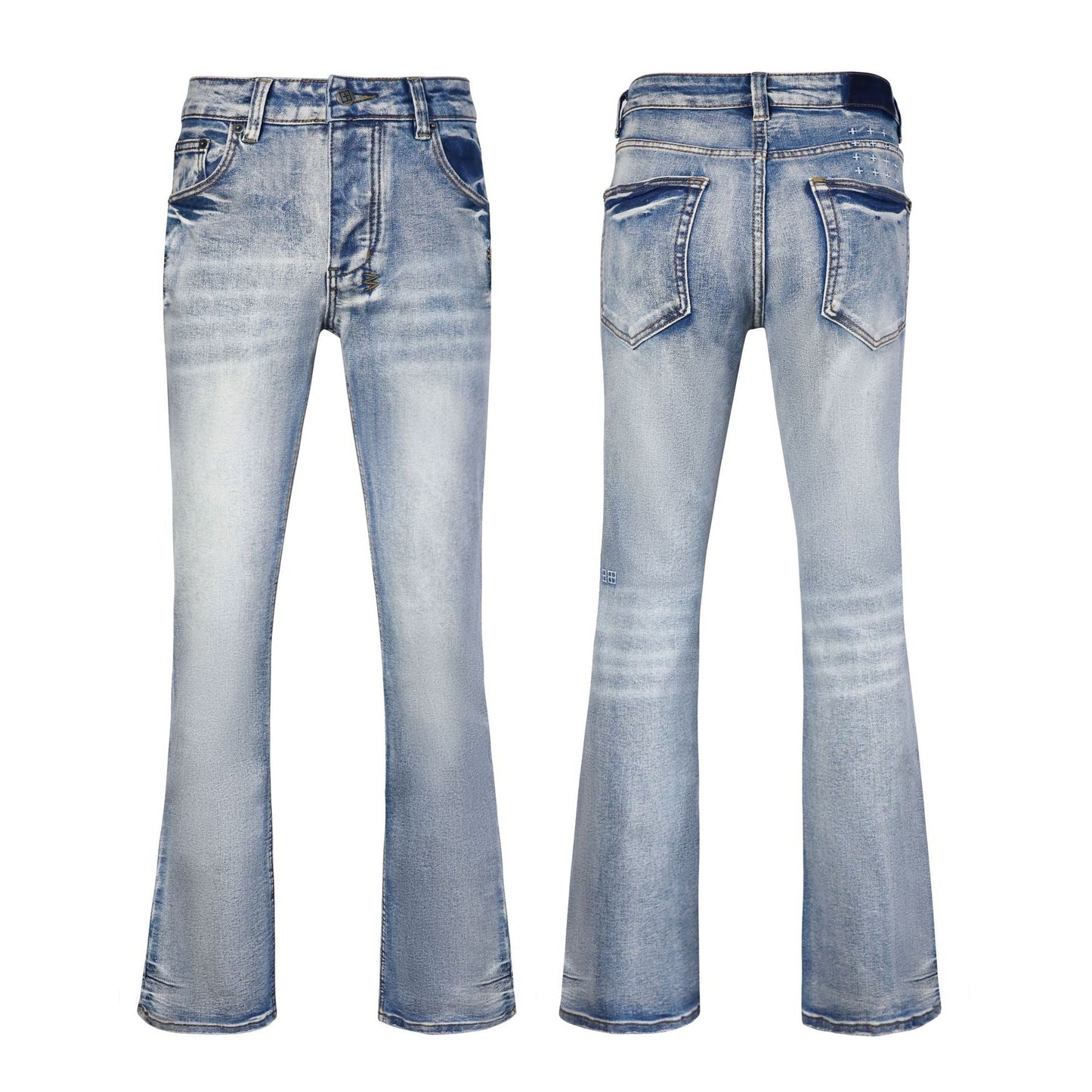 Men's Light Blue Flare Jeans - Vintage Whisker Wash Denim with Classic Bootcut Fit