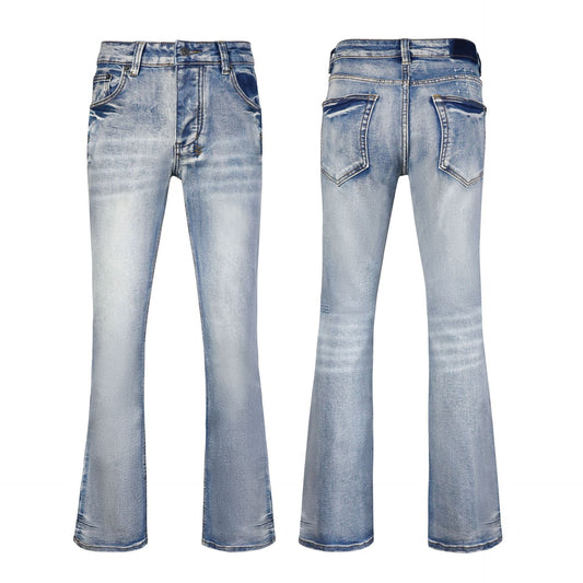 Men's Light Blue Flare Jeans - Vintage Whisker Wash Denim with Classic Bootcut Fit