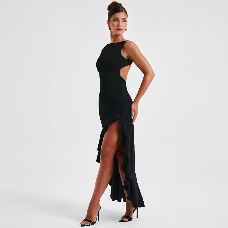 New Backless Sexy Fitted Round Neck Asymmetrical Side-Slit Dress D1993491