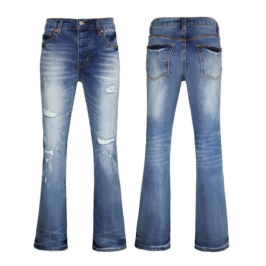 Men's High Street Bootcut Jeans - Distressed Denim with Knee Rips & Slim Fit Profile