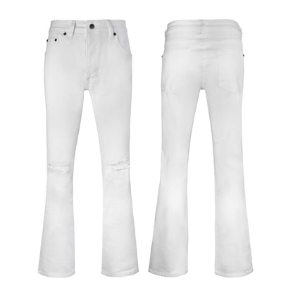 Men's Slim Flared White Jeans - Elegant Distressed Design & Bootcut Silhouette