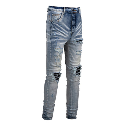 Men's Slim Fit Black Jeans with Street Style Patches, Vintage Wash, and Ripped Details