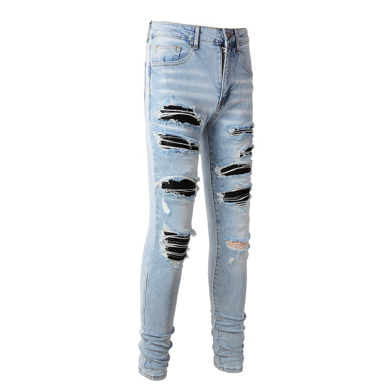 1307 European and American High Street Jeans Sticker Hand-worn Ripped Jeans Slim-fitting and Thin Small Feet Jeans