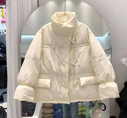 Chaqueta holgada de plumón de pato blanco para mujer, cuello con botones y aislamiento de color sólido