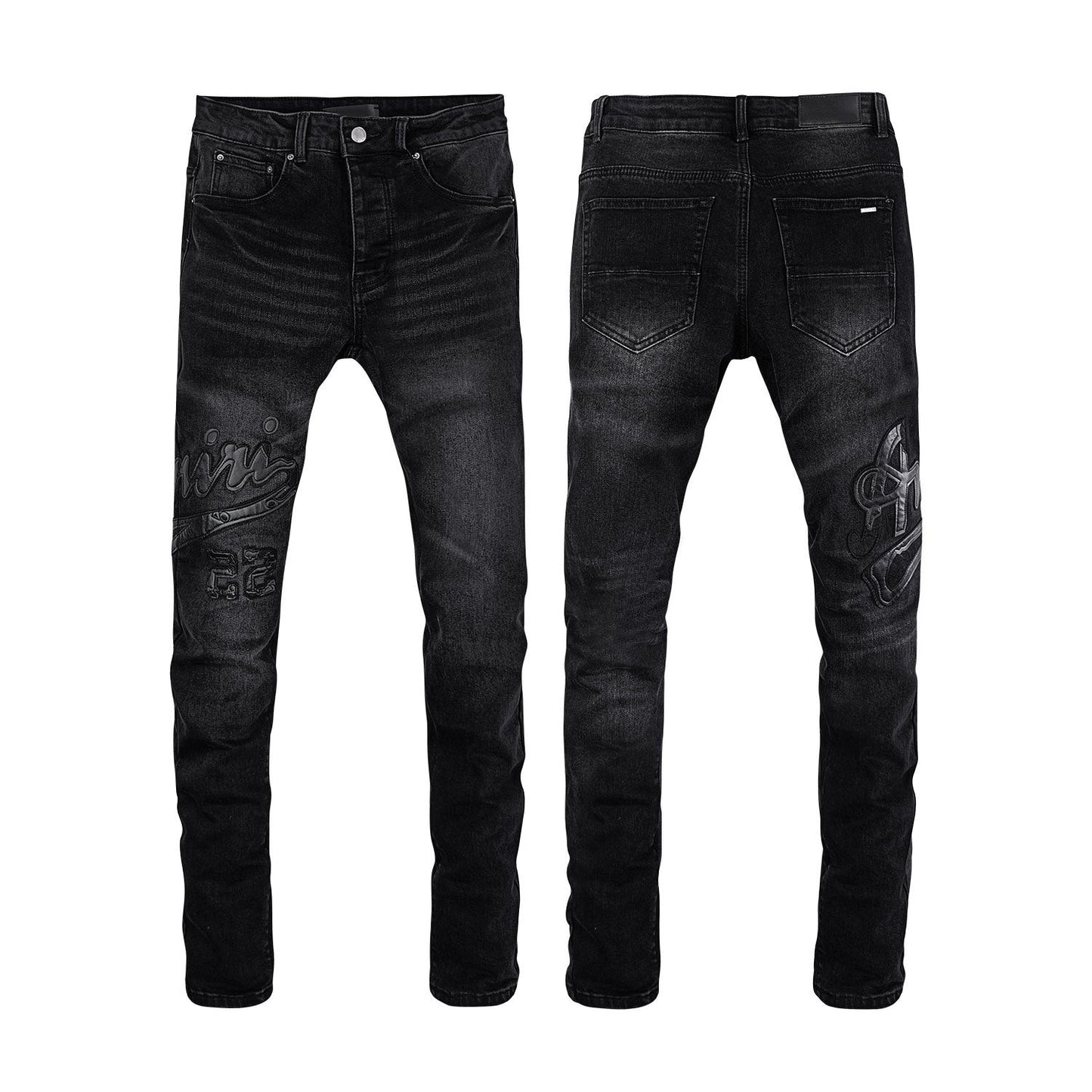 Men's Black Slim Fit Jeans with Premium Tonal Embroidery - High Street Denim