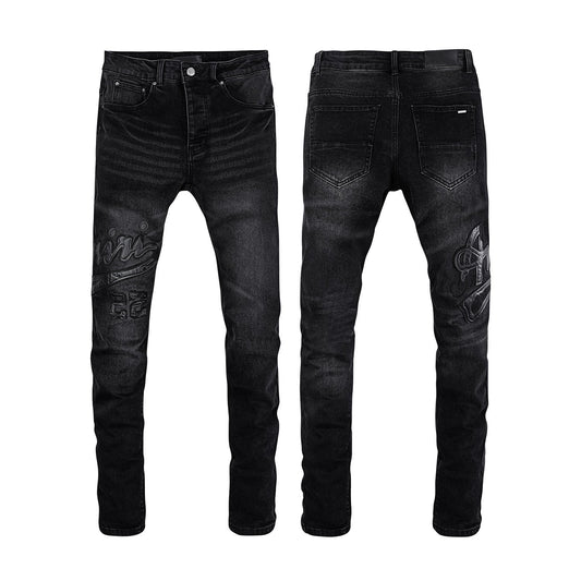 Men's Black Slim Fit Jeans with Premium Tonal Embroidery - High Street Denim