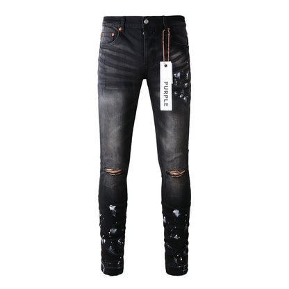 Jeans violets de marque avec peinture noire High Street en détresse 9002 7025 Pantalons de mode