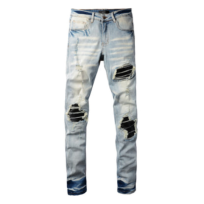 Pantalones vaqueros desgastados elásticos ajustados estilo punk para hombre con parches rotos en las rodillas, color azul 848